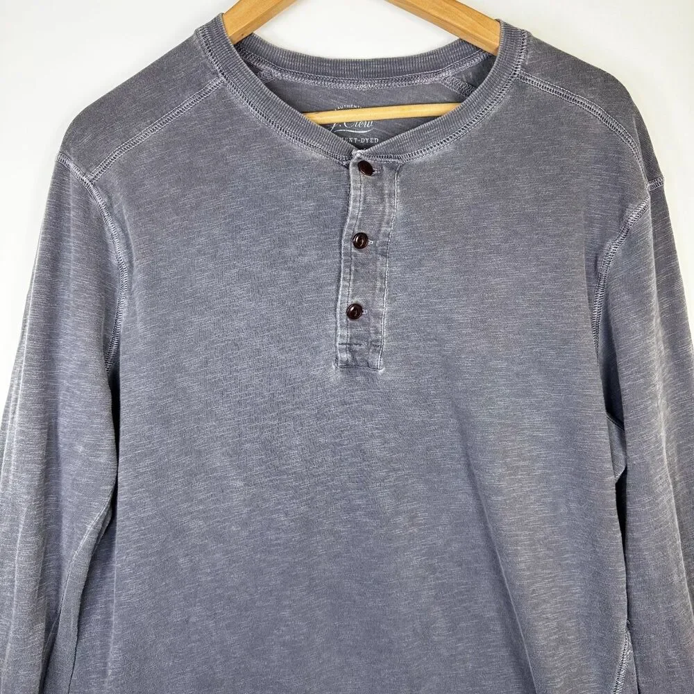 J Crew Henley Shirt Mens Medium Gray Garment Dyed Long Sleeve Knit Made in‎ USA